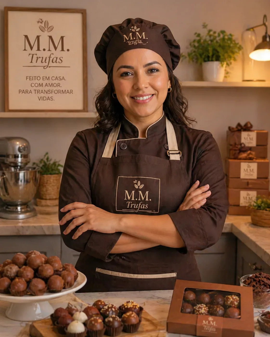 Monica Monteiro, fundadora da M.M. Trufas, em uma cozinha com trufas prontas para venda.
